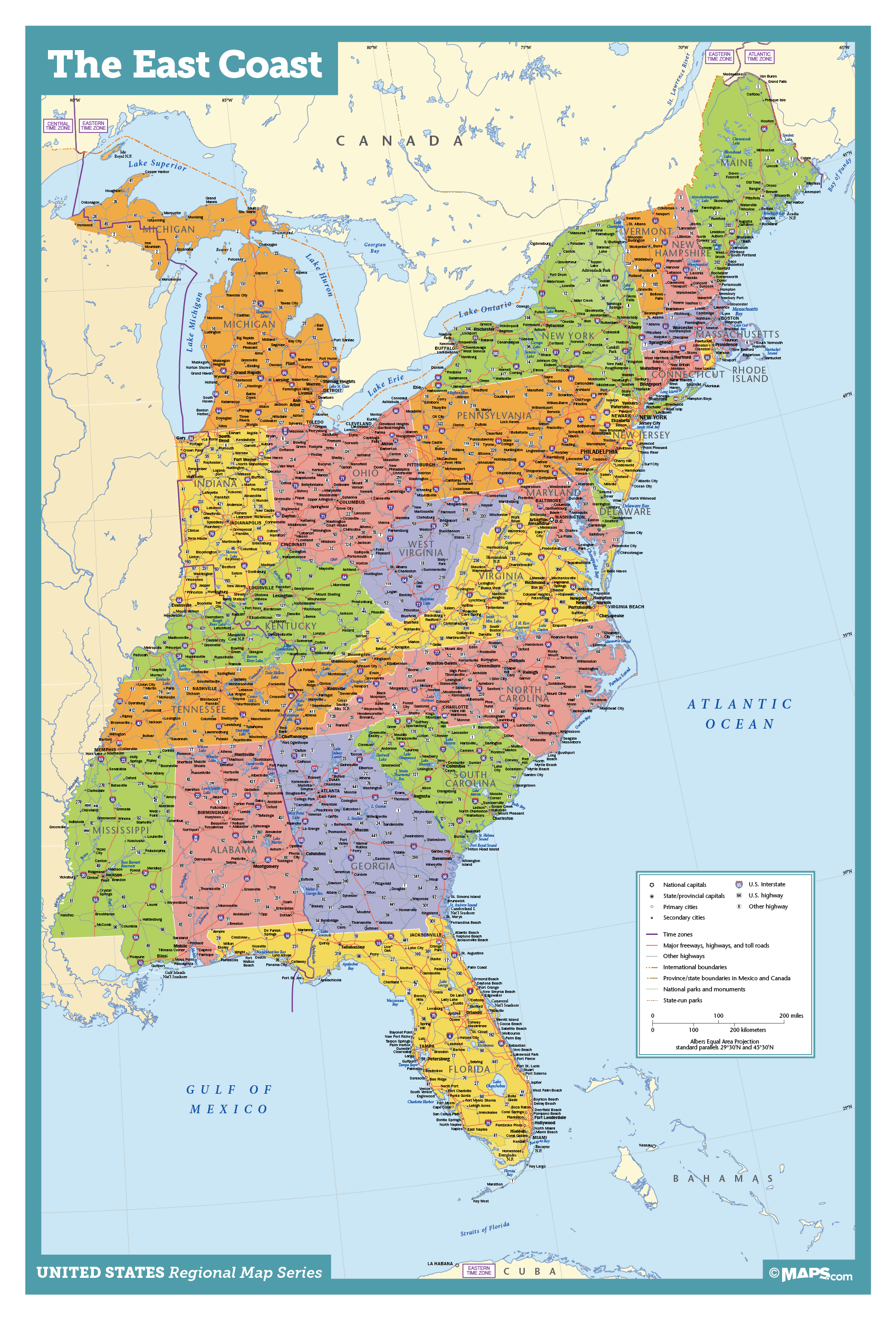 Map of East Coast USA States with Cities Map United States Printable