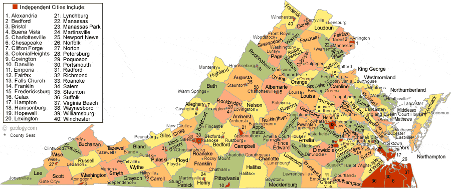 Map Virginia counties and Cities